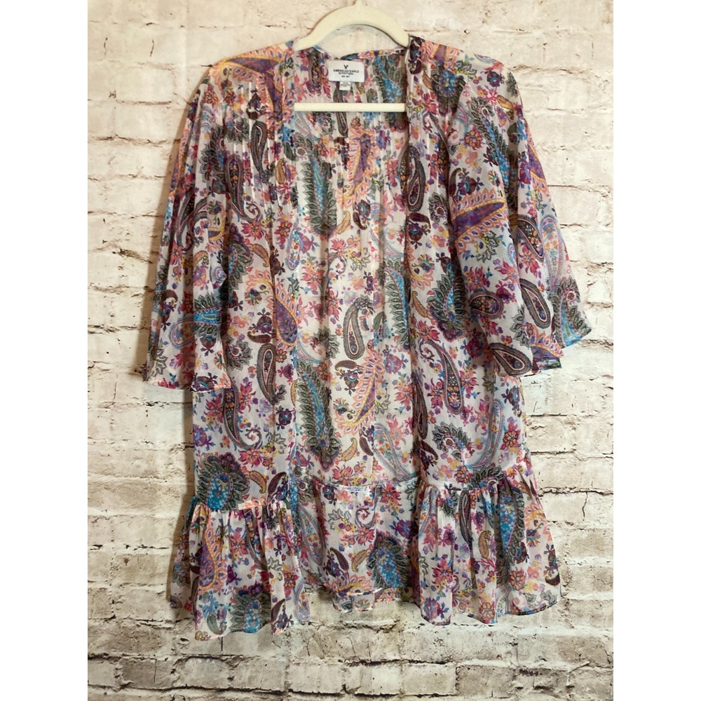 American Eagle Outfitters Top Medium Colorful Paisley Ruffle Hem Open Front